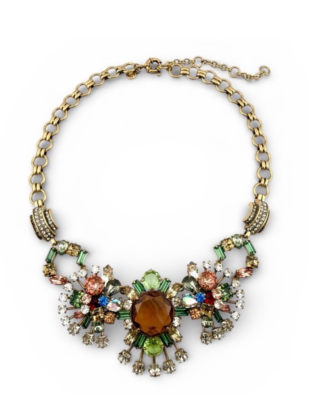 Rare Retired J.Crew Crystal Floral Statement Necklace Gold Multicolor - Picture 2 of 5
